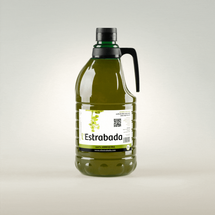 Botelles i garrafes d'oli d'oliva verge extra Oli del Raig 100% Arbequina de 50 cl, 2L i 5L.