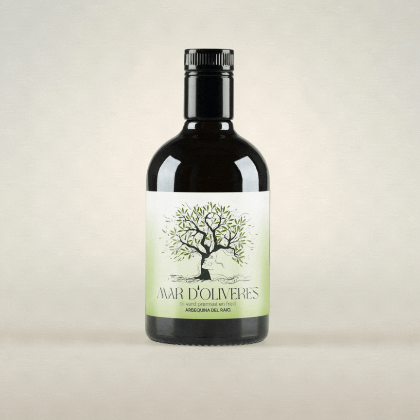 Botelles i garrafes d'oli d'oliva verge extra Oli del Raig 100% Arbequina de 50 cl, 2L i 5L.